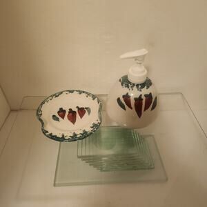 Vintage Hand Painted Southwestern Chili Petter Soap Dispenser and Dish
